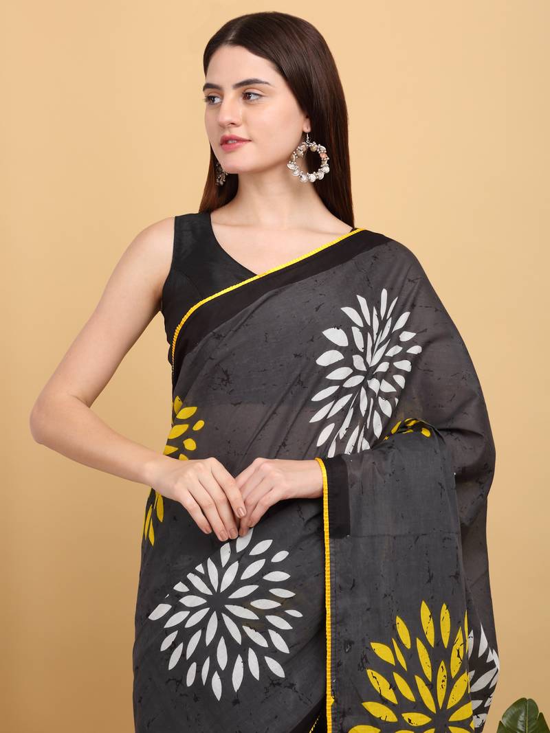 Black Floral Printed Saree with Yellow Border With Blouse Piece view 2